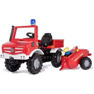 Unimog Trettraktor der Feuerwehr mit Pumpe und Spritze - Rot