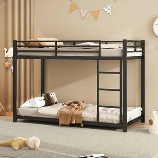 Merax Etagenbett Metall 90 × 200 cm, Stockbett Hochbett Metallbett Bettgestell mit Leiter und Zwei Lattenrost, Doppelstockbett mit Rausfallschutz, Jugendbett, für Schlafsaal & Wohnung, Schwarz