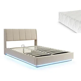 [en.casa] Led, Beige Textil, Rechteckig, 160x200 cm Schlafzimmer, Betten, Polsterbetten