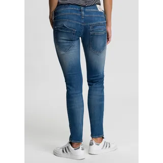 Slim-fit-Jeans HERRLICHER "PITCH SLIM ORGANIC" Gr. 25, Länge 32, blau (blue sea 879) Damen Jeans Röhrenjeans Vintage-Style mit Abriebeffekten