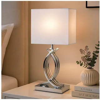 Arnusa Tischleuchte Moderne Tischlampe 50 cm chrom farben silber Nachttischlampe, ohne Leuchtmittel, mit Stoffschrim in weiß silberfarben