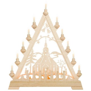 Kunstgewebe Taulin Schwibbogen Lichterecke Motiv Seiffener Kirche, 16 flammig elektrisch beleuchtet beige