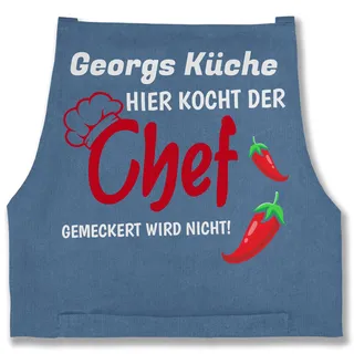 Schürze - Kochschürze Herren Männer - Hier kocht der Chef I Geschenk Kochen I Hobbykoch Geschenk - 85x69 - Jeans Blau - herrenschürze schürzen küche koch chefkoch männerschürzen kochschuerze - 85x69