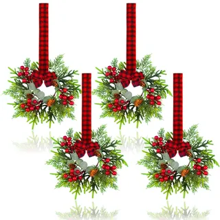Kleiner Weihnachtskranz – Mini-Kränze mit roter Beere, Kiefer, Eukalyptus, Weihnachtskränze für Tür, Küchenschränke, Fenster, Kamine, Dekoration, 4 Stück