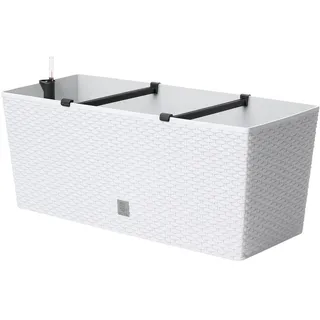 BirnePower Blumenkasten 600 Weiß mit Bewässerung – 60 x 25 cm Polyrattan Pflanzkübel rechteckig, Wasserspeicher & Wasserstandsanzeiger, Balkonkasten Kunststoff wetterfest (30 Liter)
