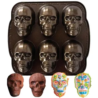 Totenkopf-Formen zum Backen, Aluminium-Legierung, Totenkopf-Backform, goldfarben, 6 Mulden, Halloween-Totenkopf-Backform, Küchenhelfer, Totenkopf-Muffinformen für den Urlaub