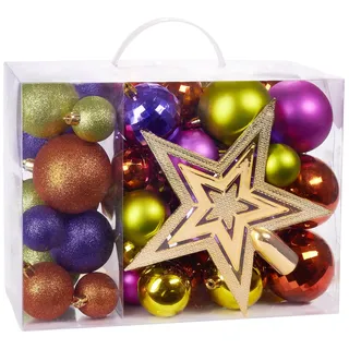 Brubaker 50-teiliges Set Weihnachtskugeln mit Baumspitze | Christbaumschmuck aus Kunststoff Bunt in Lila Grün Orange