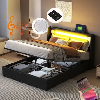 MODFU Boxspringbett Hydraulisches 140 x 200 cm mit LED-Beleuchtung, Bluetooth-Player und USB-Aufladung, Polsterbett Doppelbett Stauraumbett mit Bet... - Schwarz