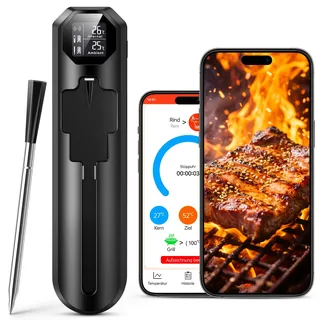 maxtachi Fleischthermometer Kabellos, Smarte Grillthermometer Bluetooth mit App and Alarm, IP67 Wasserdicht ölbeständig Bratenthermometer, 150m Meat Thermometer für BBQ Ofen Grill Smoker Rotisserie