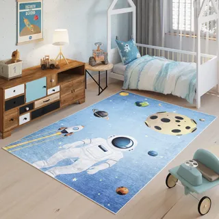TAPISO Emma Kinderteppich Blau Weltraum Astronaut Antirutsch 140 x 200 cm