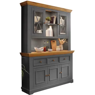 Woodroom Oslo Buffet Vitrine Vitrinenschrank Standvitrine Wohnzimmerschrank, Holz, Grau, Hoch und Schmal