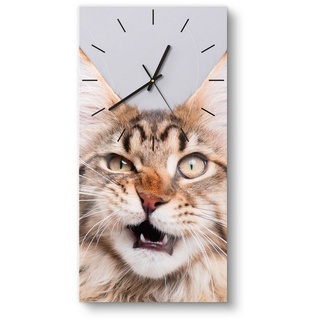 DEQORI Wanduhr 'Maine Coon Katze faucht' (Glas Glasuhr modern Wand Uhr Design Küchenuhr) beige 30 cm x 60 cm