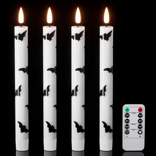 Eldnacele Halloween LED Stabkerzen mit Fernbedienung & Timer, 4er Set flammenlose Echtwachskerzen mit Fledermaus-Motiv, batteriebetriebene LED Kerzen für Halloween Dekoration (Höhe ca. 24,5 cm)