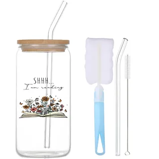 Büchertasse Glas mit Deckel und Strohhalm Geschenke für Leseratten Booklover 500ml Trinkglas mit Strohhalm und Deckel Buchtasse Trinkbecher mit Strohhalmbürste und Becherbürste Buchliebhaber Geschenke