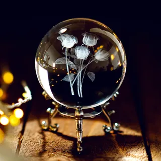 HDCRYSTALGIFTS Briefbeschwerer mit 3D-Schnitzerei, Rosenstrauß, Kristallkugel, Glaskugel, mit versilbertem Blumenständer, 60 mm