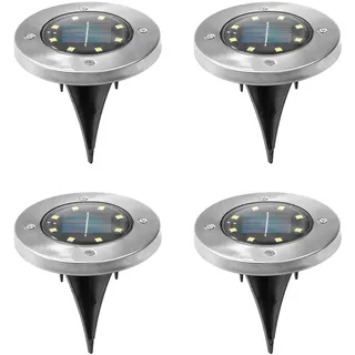 Haushalt International Solarlampe silber Steckleuchte Außenlampe rund, LED Terrassenleuchte Garten Bodenlampe wetterfest, Edelstahl, 8x LED warmweiß, DxH 12x14cm, 4er Set