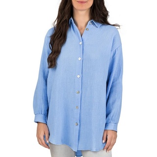 DENIMFY Hemdbluse Damen Bluse DFMathilda Oversize Fit Basic Musselin Hemd aus 100% Baumwolle blau M/L