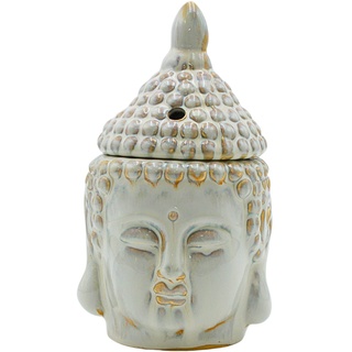 Dekohelden24 Duftlampe als Buddhakopf in weiß/Aromalampe/Duftlicht/Duftstövchen, aus Keramik, Größe: H/B ca. 20 x 11 cm, 20 cm