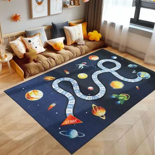 SIMPEX Kinderteppich Marineblau 100x150 cm Weltraum Design Modern rutschfest Waschbar Pflegeleicht Extra Weich Antiallergen Babyteppich Kinderzimmer Jungen Mädchen