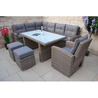 Ragnarök Möbel-Design Gartenlounge-Set Dining Lounge Wieland XL, (Set, 1 Ecklounge, 2x Hocker, 1x Hochlehner Sessel, Alu, Polyrattan), XXL Tisch 170×102 cm, 16 cm Polster, flexibel & ohne Aufbau beige