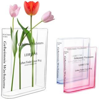 Dingfeiyu Buch Vase für Blumen, Acryl Buchvase Durchsichtig, Aesthetic Tulpen Vasen in Buchform für Modern Dekoration Schlafzimmer, Büro, Regal, Schreibtisch (Rosa)