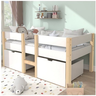 SOFTWEARY Kinderbett (Holzbett mit 2 Schubladen und Rollrost, 90x200 cm), Einzelbett mit Rausfallschutz, Holzbett aus Kieferholz weiß