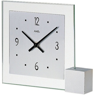AMS design Tischuhr 102 Designer Uhr zum Stellen Silber silberlackierter Holzsockel moderne Quarz Tischuhr