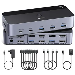 UGREEN HDMI KVM Switch 4K60Hz 2 PC 2 Monitore 4 USB Ports mit 4 HDMI Kabeln | KVM Switch NUR mit HDMI-Anschluss 2 In 2 Out, 4 USB Ports für Tastatur Maus U-Disk, Kompatibel mit Windows/Linux/MacOS