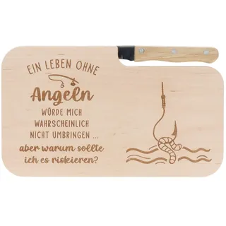 Spruchreif | Brotzeitbrett mit Messer "Ein Leben ohne Angeln ist möglich, aber sinnlos" – Graviertes Holzbrett mit Angel-Motiv | Lustiges Geschenk für Angler & Naturfreunde