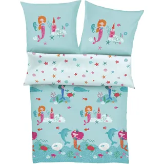 Kinderbettwäsche S.OLIVER JUNIOR "Meerjungfrau", blau (türkis), B/L: 100cm x 135cm, 1 Stk., 1 Stk., Satin, B/L: 40cm x 60cm, Satin, Obermaterial: 100% Baumwolle, Bettwäsche, mit Meerjungfraumotiven