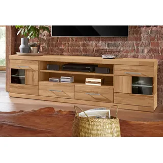Home Affaire Lowboard »Ribe,180cm breit, Fronten Massivholz,6 Fächer,Kabeldurchführung«, Korpus Holzwerkstoff,Glaseinsatz aus gehärtetem Glas,Böden versetzbar
