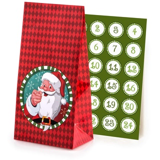 Adventskalender zum Befüllen Santa Claus 24 beschichtete Papiertüten Geschenktüten Weihnachten, Weihnachtskalender Bastelset inkl. Adventszahlen Aufkleber von pajoma