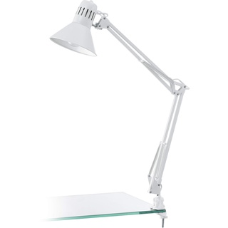 EGLO Tischlampe Firmo, 1 flammige Klemmlampe Vintage, Industrial, Retro, Schreibtischlampe aus Stahl und hochwertigem Kunststoff, Klemmleuchte in Weiß glänzend, Lampe mit Schalter, E27 Fassung