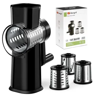 Ibergrif MK527 Trommelreibe, Manuelle Gemüsereibe mit Kurbel 3 Klingen | 430 Edelstahl, Saugfuß, Fingerschutz, BPA-frei, für Käse, Gemüse, Nüsse und Schneiden, Raspeln, Reiben