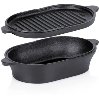 Vilde Gusseisen Bräter 2in1 mit Deckel 28x16 cm Rechteckig Ofenbräter | Grillpfanne Schmortopf für Induktion Gas Elektro Backofen