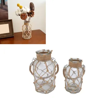 Rustikale Vase Mit Seilnetz Und Henkel Für Trockenblumen  Zweiteilig  Maße: L: 20 X 10 Cm, S: 16 X 8 Cm  Boho- Und Landhausstil Für Wohnzimmer Und Büro