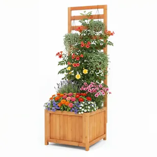 HOMASIS Pflanzkübel mit Rankgitter, Blumenkasten mit Spalier, Pflanzkasten aus Massivholz, Hochbeet Pflanzgefäß Rankkasten Gartenspalier Rankhilfe für Balkon Garten Terrasse (Orange, 42,5x40,5x123cm)