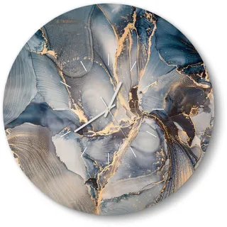 DEQORI Glasuhr | rund Ø 50 cm | Motiv Marmor-Farbspiel mit Gold | große XXL Design Uhr aus Glas | leise Wanduhr für Wohnzimmer & Küche | Moderne Hingucker Uhr für die Wand
