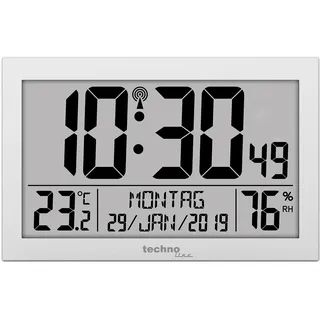 Technoline WS 8016 Funkwanduhr digital mit DCF Funkuhr | Temperatur & Luftfeuchtigkeit | 2 Weckalarme | Kalender | großes LCD Display | Wand- oder Tischuhr | Silber