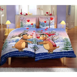 Leonado Vicenti Bettwäsche Partnerbettwäsche Thermofleece 135x200 Winter Schnee Herzen, Fleece, 4 teilig, Winterlandschaft, Elche, behaglich blau