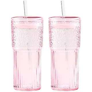 GOSCHE Trinkglas mit Deckel und Strohhalm, 590 ml, klare Eiskaffeetassen, Vintage-Riffelglaswaren, Glasbecher mit Strohhalm für Wasser, Kaffee, Tee, 2 Stück, Rosa