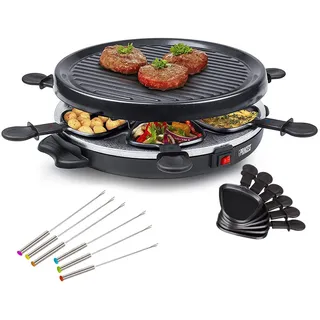 PRINCESS Raclette, 6 Raclettepfännchen, Gerät für 2-6 Personen runder Tischgrill Ø30cm Raclet Camping geeignet schwarz