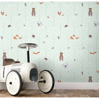 Newroom Vliestapete Purnima Tapete Kinderzimmertapete Tiere,Wald,Baum, Grün Tapete Kinder Tiere - Kinderzimmertapete Tiertapete Wald Baum für Kinderzimmer Jugendzimmer Babyzimmer, Tiertapete weiß