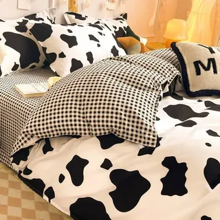 100 % Waschbare Bettdecke In Baumwolle – 4-teiliges Set (bettdeckenbezug 180 X 220 Cm + 2 Kissenbezüge + Matratzenbezug) – Trendiges Kuh-design, Ideal Für Studentenzimmer, Schlafraum Oder Apartment