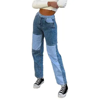 RUZU UG Stretch-Jeans Damenjeans Patchwork-Jeans Slim-Fit Jeans Straight-Leg Jeans L
