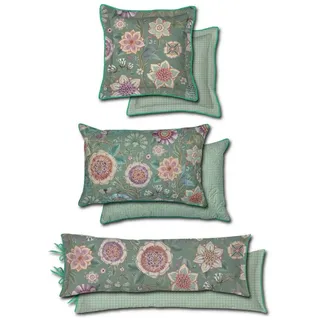 Pip Studio Dekokissen Viva Las Flores Grün Blüten Blumen Blätter Beeren Stiele Zweige Wendeoptik Geblümt Floral, Größe:45 x 70 cm