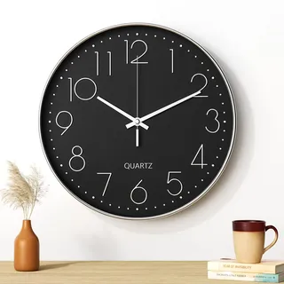 Uootach Wanduhr, 30 cm (12 Zoll), Moderne Wanduhr, geräuscharmes Quarzwerk, minimalistisches Design, modern, schwarz, für Wohnzimmer, Küche, Büro, Schlafzimmer (silberfarbener Charakter)