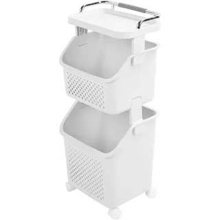 LOCADENCE Wäschekorb mit 4 Rädern, Platz sparende Rolling Wäschekorb, PP ABS Wäsche Regal Kleidung Lagerung Korb Veranstalter, Wäschekorb für Haus Küche Bad (2 Schichten)