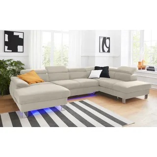 Wohnlandschaft COTTA "Komaris U-Form, B: 320 cm", grau, Sofas, Kinder, B/H/T: 320cm, Leder PAMPAS, Ottomane rechts, ohne Bettfunktion,ohne Bettkasten,mit RGB-LED-Beleuchtung,mit Kopfteilverstellung, Microfaser PRIMABELLE (100% Polyester);Kunstleder SOFTLUX;Feinstruktur (100% Polyester);Kunstleder SOFTLUX/Struktur (100% Polyester);NaturLEDER, Wohnlandschaft, mit Kopfteilverstellung, optional Schlaffunktion, Bettkasten & Licht, B:320cm