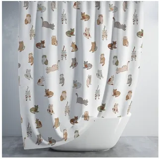 Ekershop Duschvorhang Textil Digitaldruck Katze CAT Kätzchen Hauskatze für Duschstange Breite 120 cm (inkl. Ringe), Höhe 200 cm, wasserabweisend, waschbar, bügelbar weiß